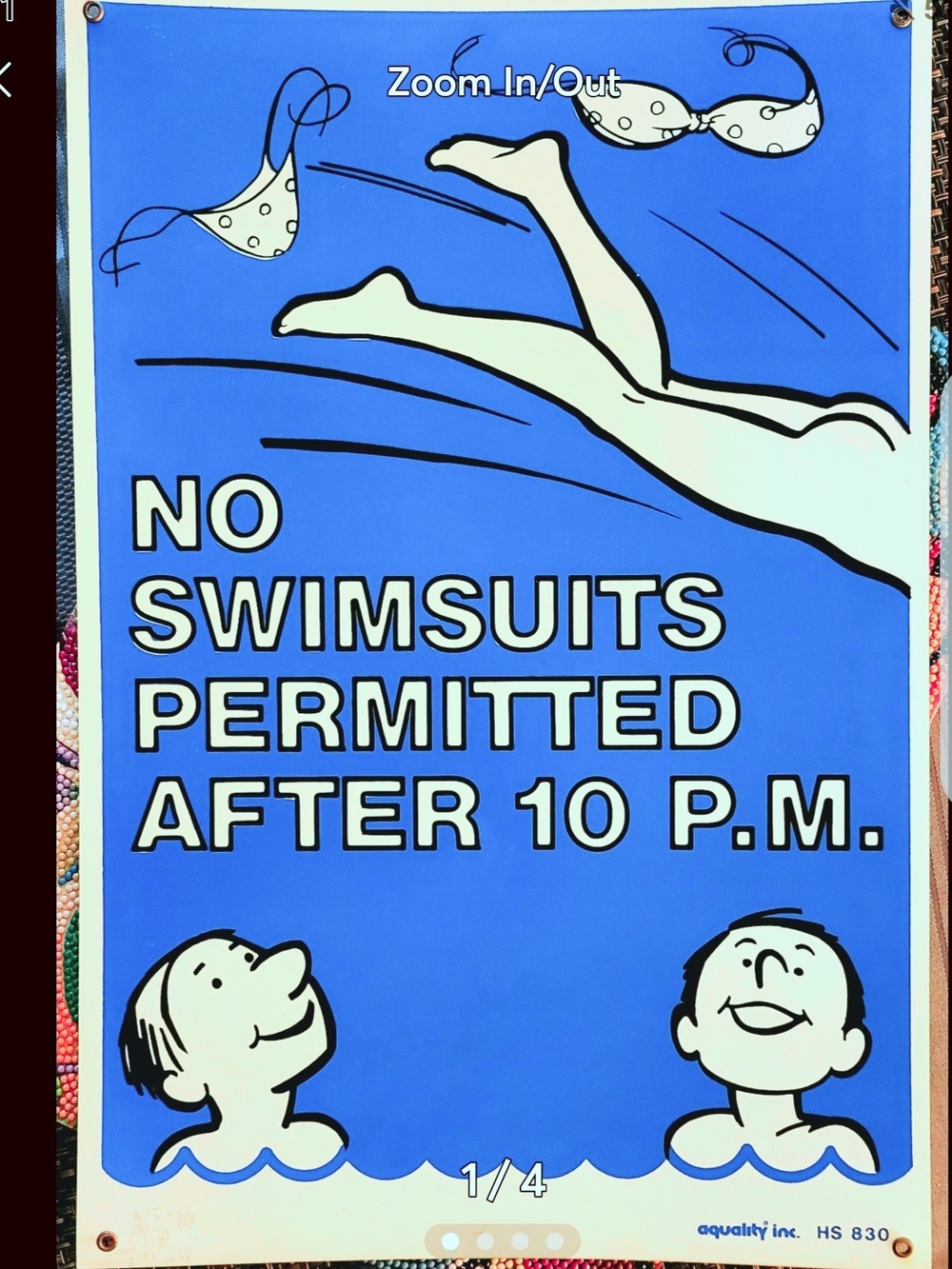 Mint Vintage Aquality Inc. HS 830 Pool Sign - No Swimsuits Permitted After 10 PM
